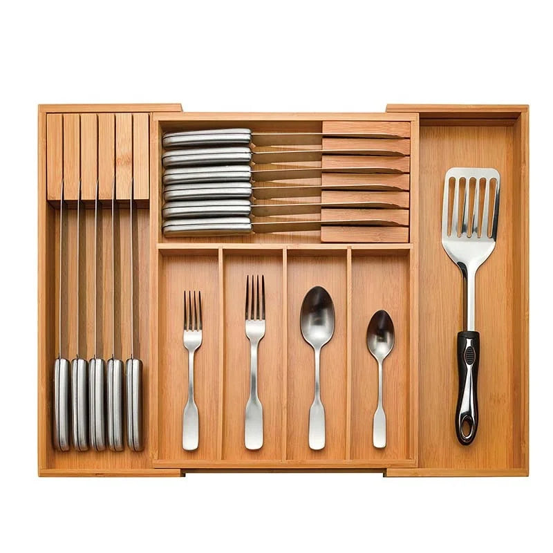 Bamboo Kitchen Cutlery Organizer with 7 Adjustable Compartments