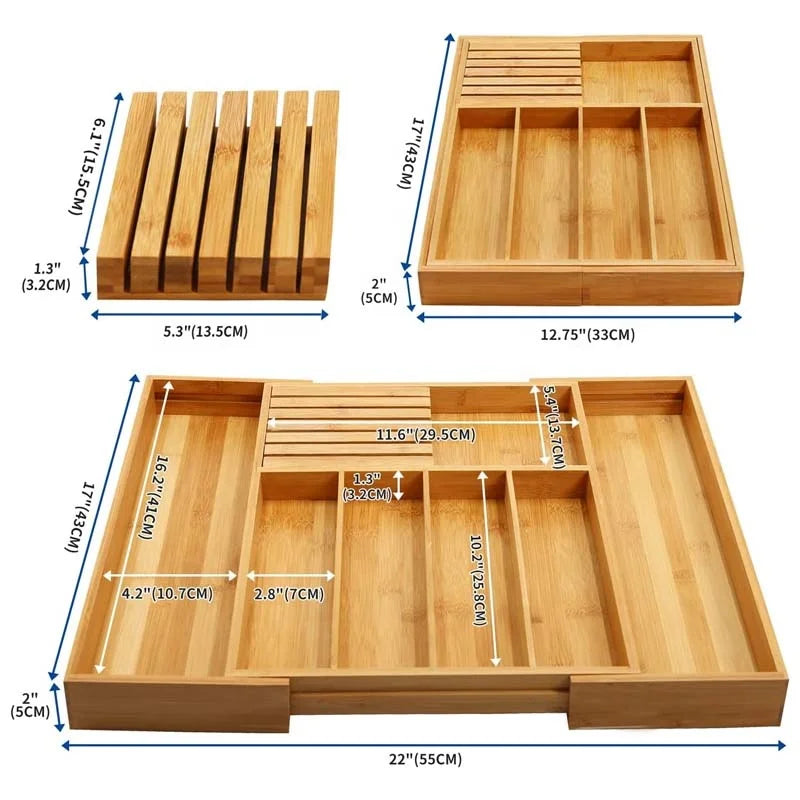 Bamboo Kitchen Cutlery Organizer with 7 Adjustable Compartments