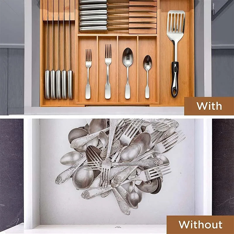 Bamboo Kitchen Cutlery Organizer with 7 Adjustable Compartments