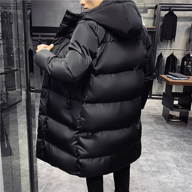 Sleek Black Long Winter Coat for Men with Faux Fur Collar