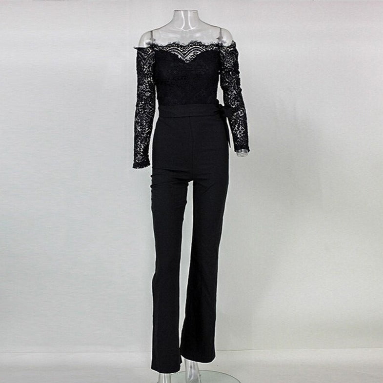 Women's Lace Off-Shoulder Jumpsuit | Long Sleeves & Waist Tie | Polyester & Lace | Formal Occasion Wear