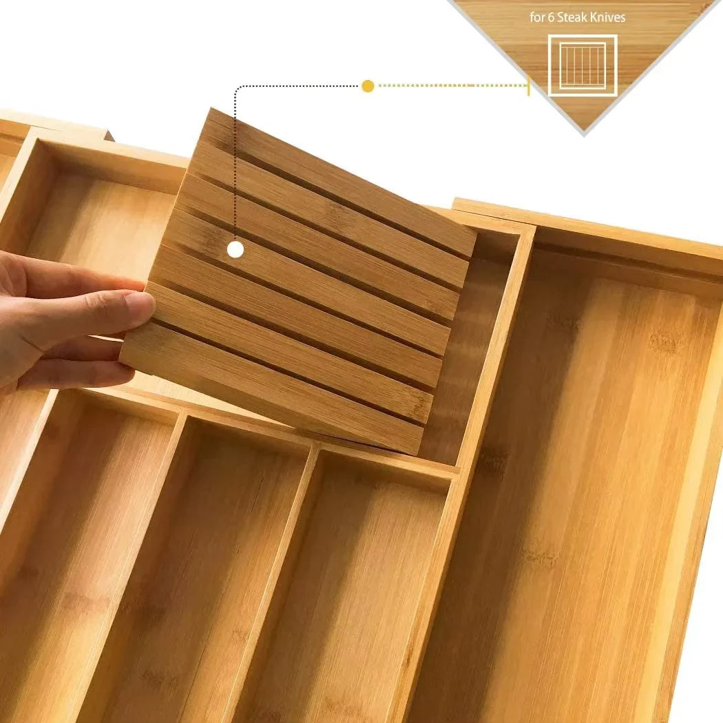 Bamboo Drawer Organizer for Kitchen with Expandable Design – Adjustable Utensil Storage Tray