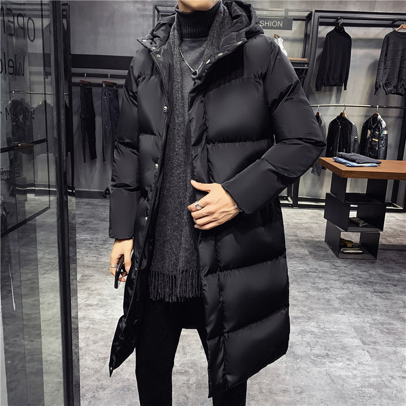 Sleek Black Long Winter Coat for Men with Faux Fur Collar