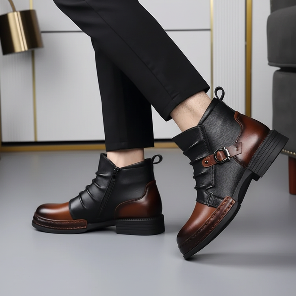 Men's Stylish Leather Ankle Boots with Zipper and Buckle Detail