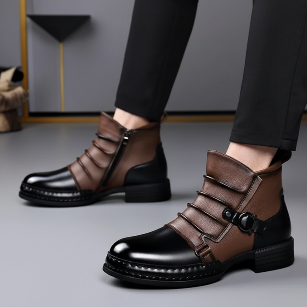 Men's Stylish Leather Ankle Boots with Zipper and Buckle Detail