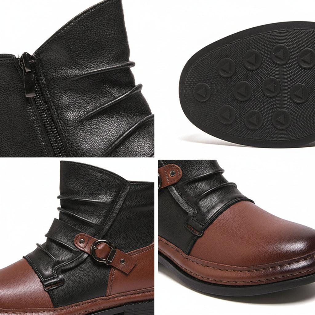 Men's Stylish Leather Ankle Boots with Zipper and Buckle Detail