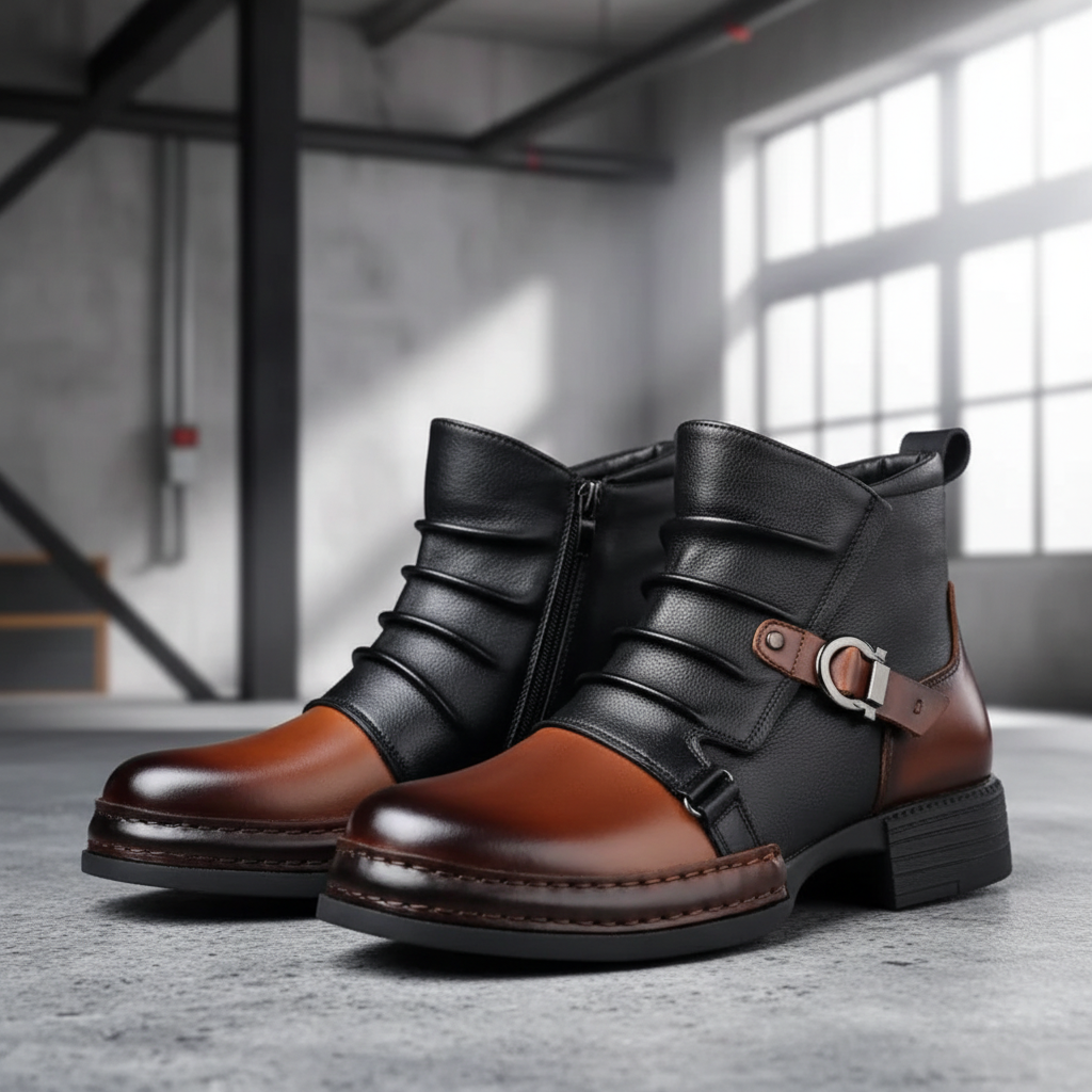 Men's Stylish Leather Ankle Boots with Zipper and Buckle Detail