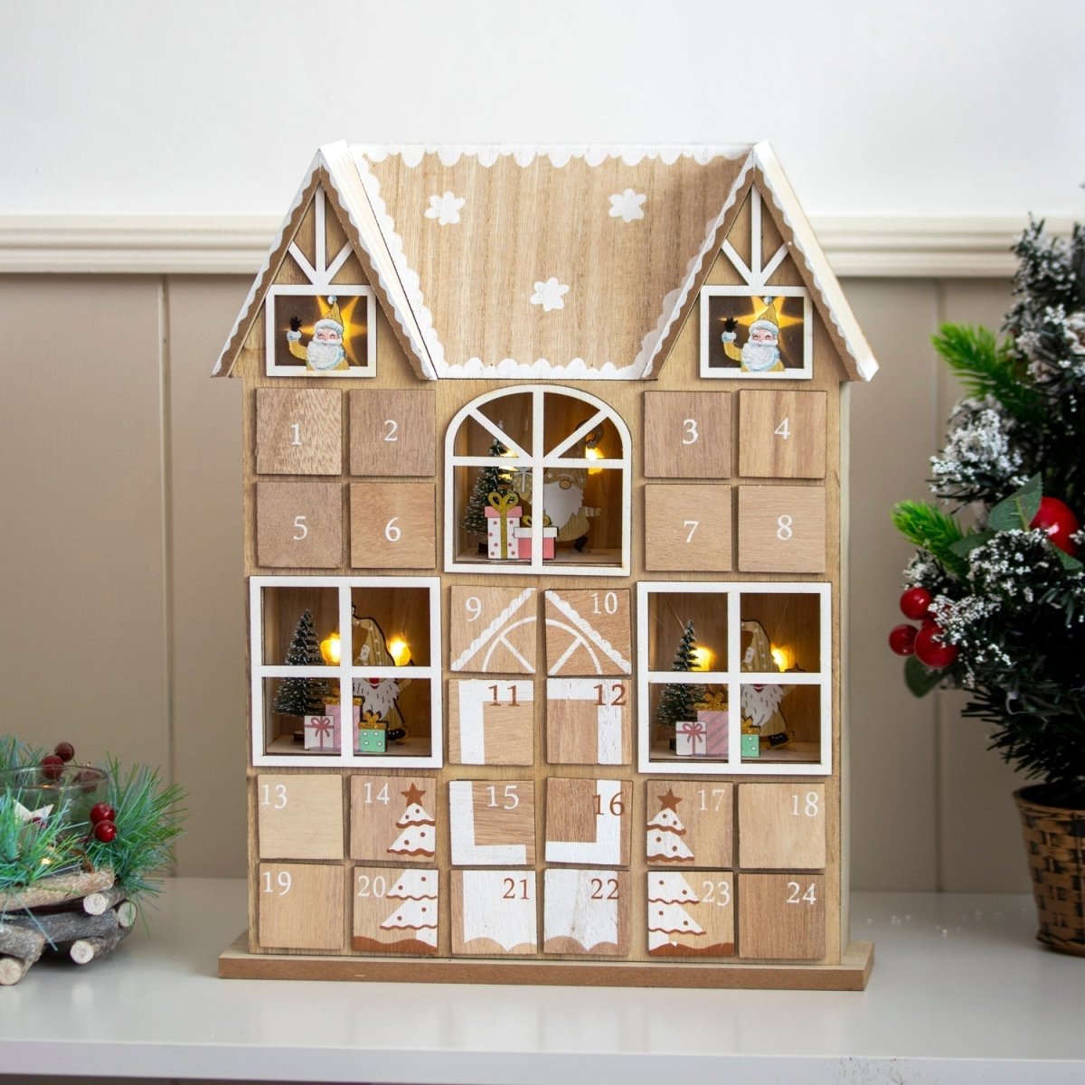 FestivalBright Wooden Advent Calendar with LED Lighting