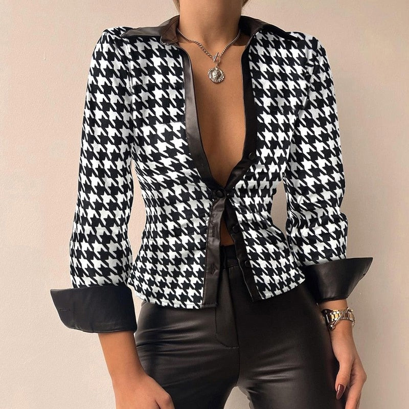 Women’s Blouse | V-Neck PU Leather & Printed Styles | Long Sleeve & Tie-Front | Comfortable Fit
