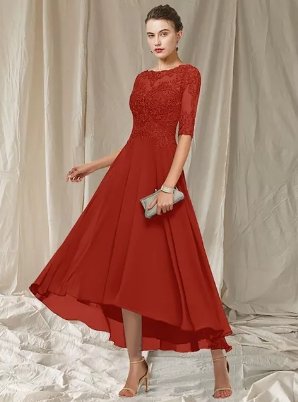 Women’s Evening Gown | Lace-Top Illusion Sleeves | 100% Polyester | Ankle-Length Formal Dress