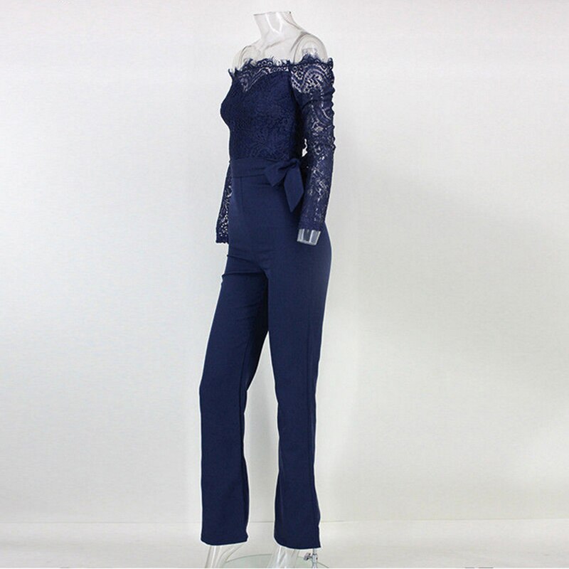 Women's Lace Off-Shoulder Jumpsuit | Long Sleeves & Waist Tie | Polyester & Lace | Formal Occasion Wear
