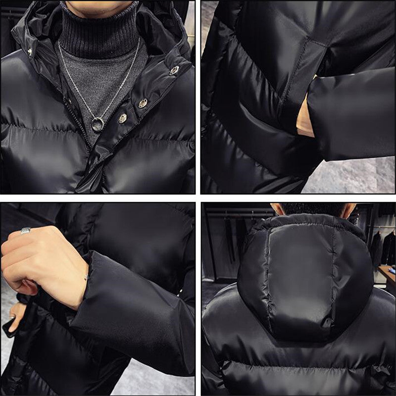Sleek Black Long Winter Coat for Men with Faux Fur Collar