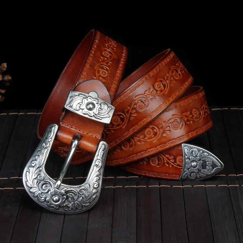 Classic Western Leather Belt with Detailed Silver Buckle – Durable Cowhide