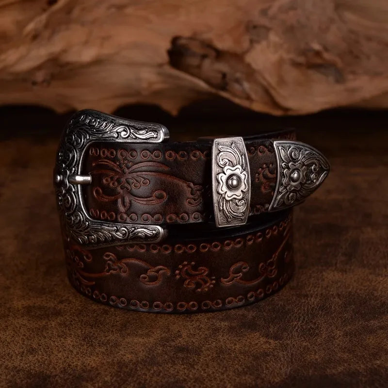 Classic Western Leather Belt with Detailed Silver Buckle – Durable Cowhide