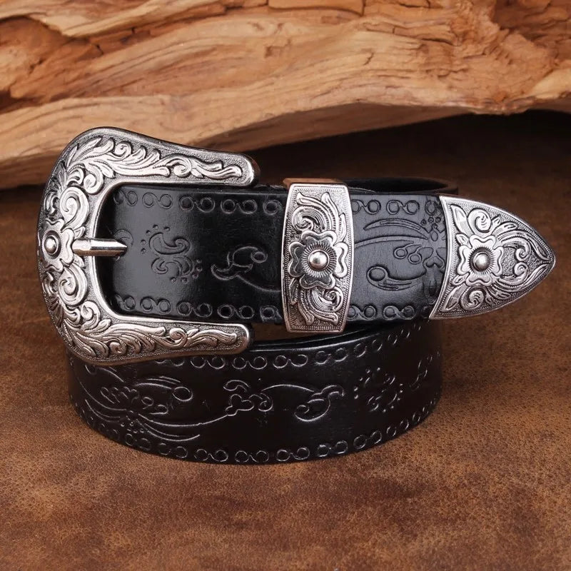 Classic Western Leather Belt with Detailed Silver Buckle – Durable Cowhide