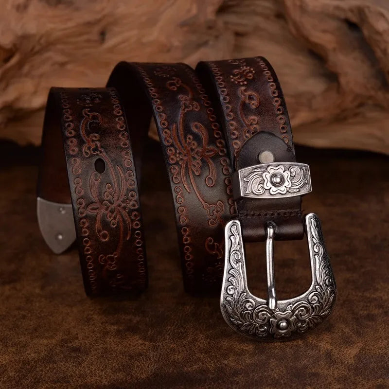 Classic Western Leather Belt with Detailed Silver Buckle – Durable Cowhide