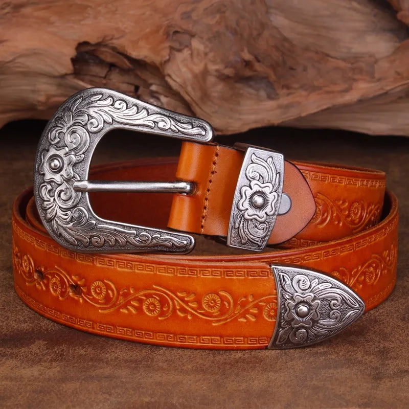 Classic Western Leather Belt with Detailed Silver Buckle – Durable Cowhide