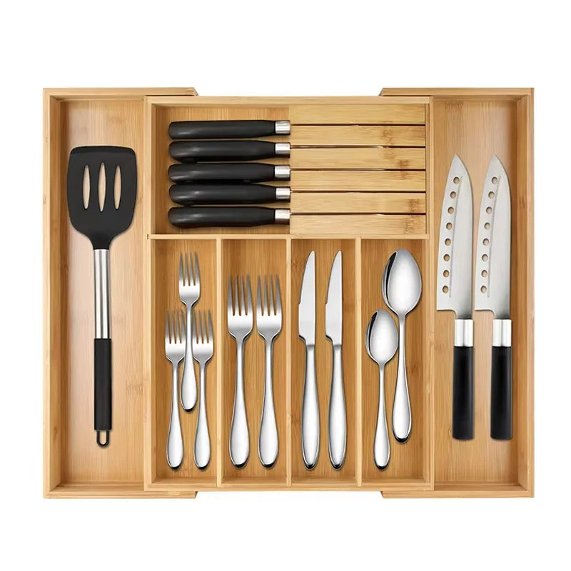 Bamboo Drawer Organizer for Kitchen with Expandable Design – Adjustable Utensil Storage Tray