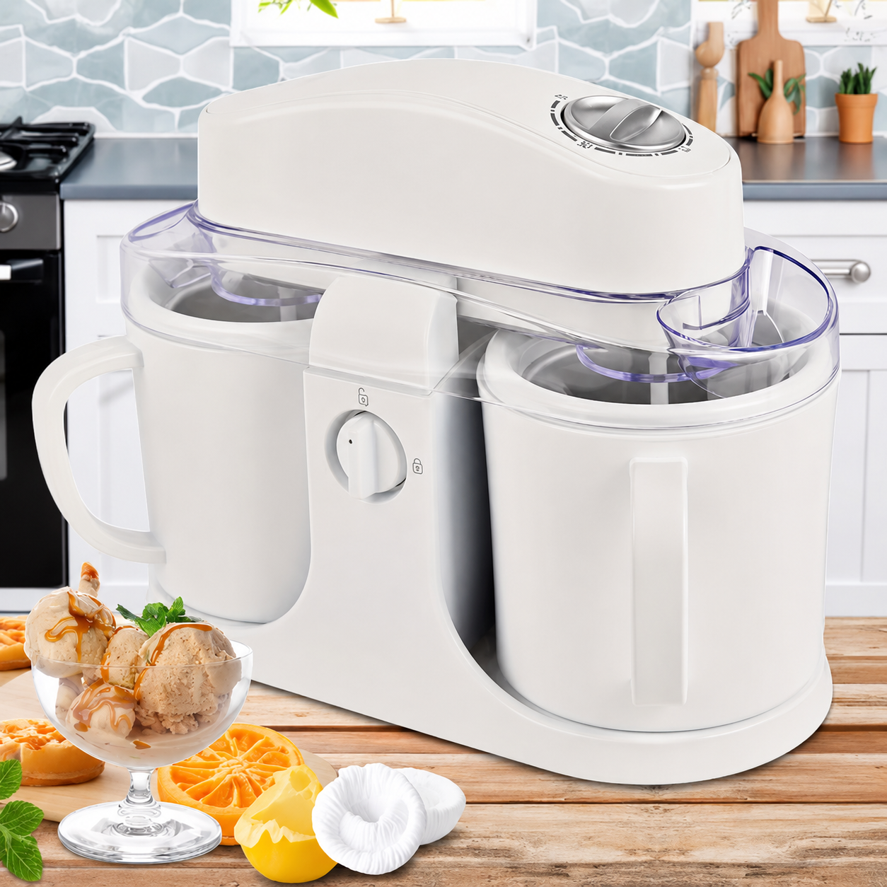 Compact Dual Bowl Ice Cream Maker with One-Knob Control for Quick Desserts