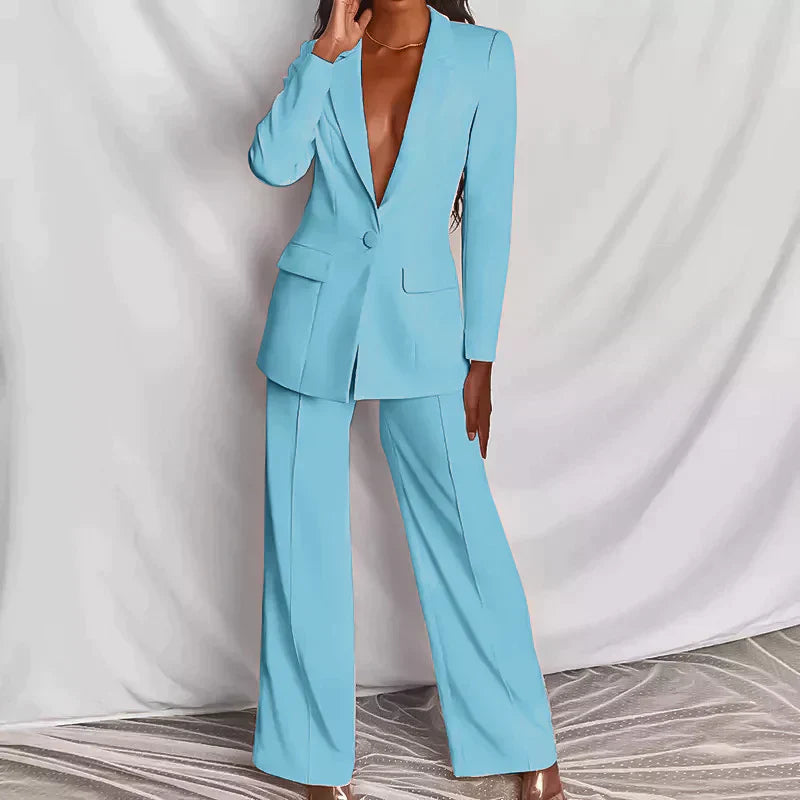 Women's Blazer and Pants Set | Tailored Sleek Design | Wide-Leg Trousers | Comfortable Fit