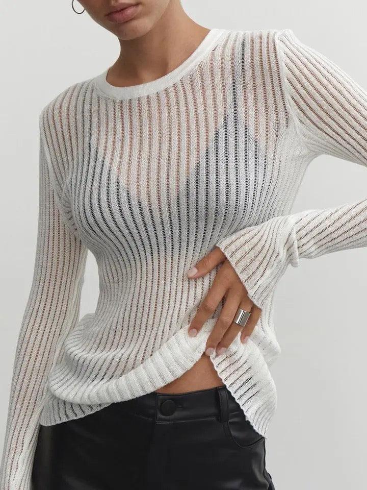 Women's Sheer Long-Sleeve Top | Rib-Knit Transparent Design | High-Quality Fabric | Versatile Layering