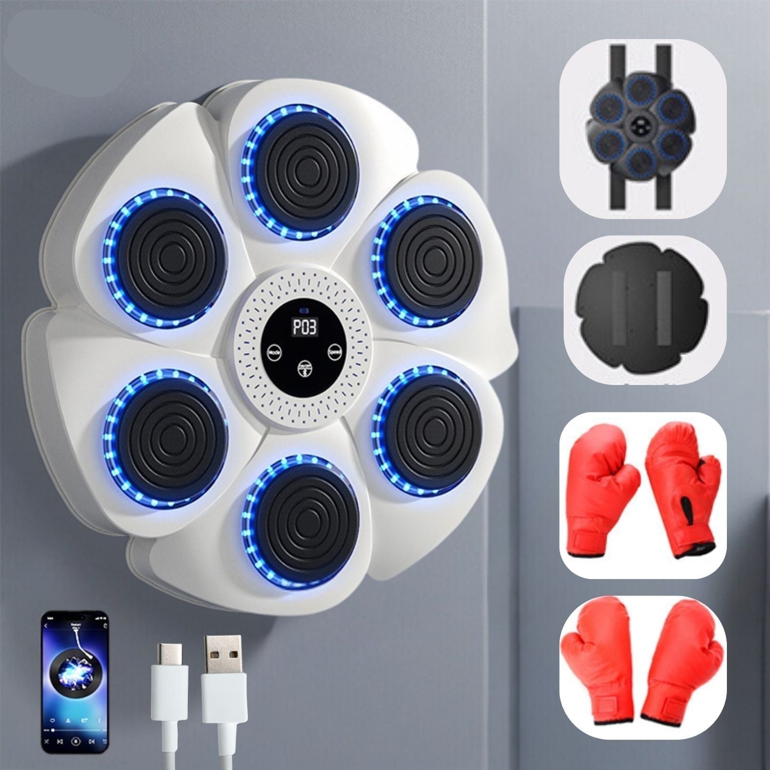 Wall-Mounted Fitness Trainer - Interactive Boxing Machine with Bluetooth, RGB, USB Rechargeable