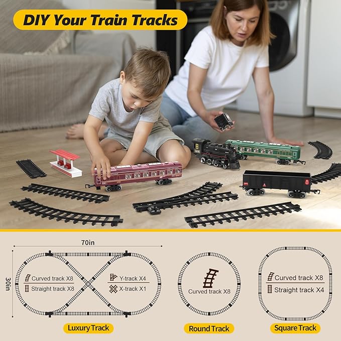 Electric Train Playset with Battery Operation, Lights, Sounds & Steam Effects