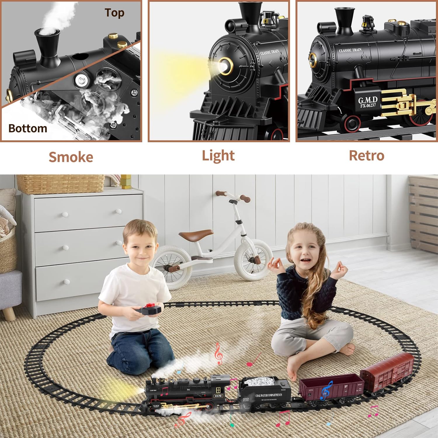 Electric Train Playset with Battery Operation, Lights, Sounds & Steam Effects