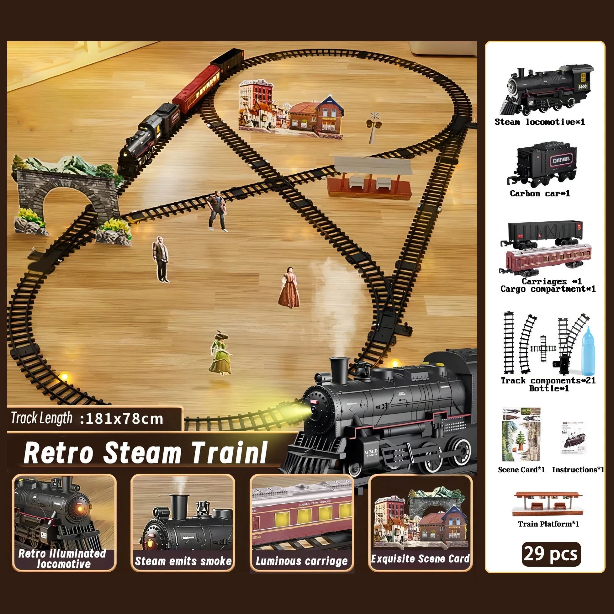 Electric Train Playset with Battery Operation, Lights, Sounds & Steam Effects