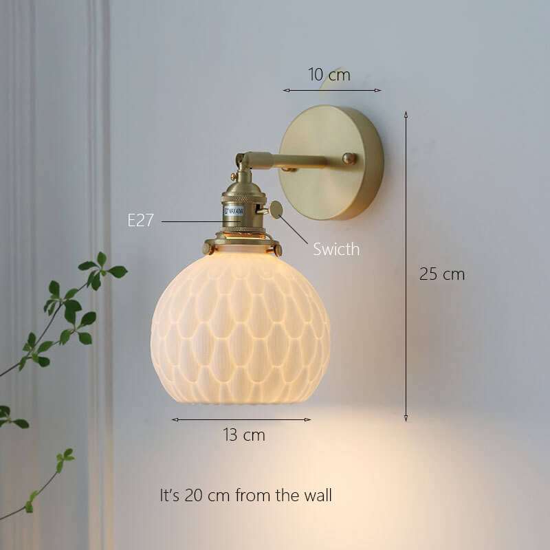 Japanese handmade ceramic pendant lamp with copper holders, featuring a white ceramic shade and integrated LED wall sconce, ideal for cozy and stylish settings.