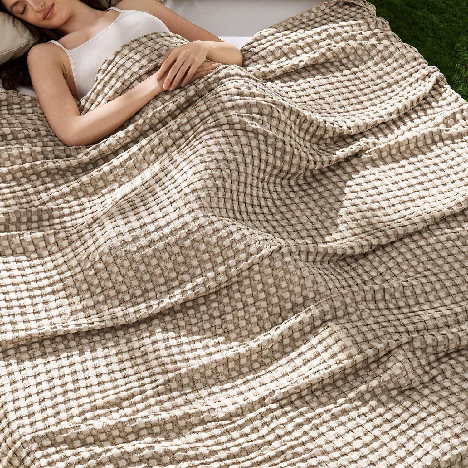 Lightweight Cotton and Bamboo Cooling Waffle Blanket - Queen Size Summer Throw