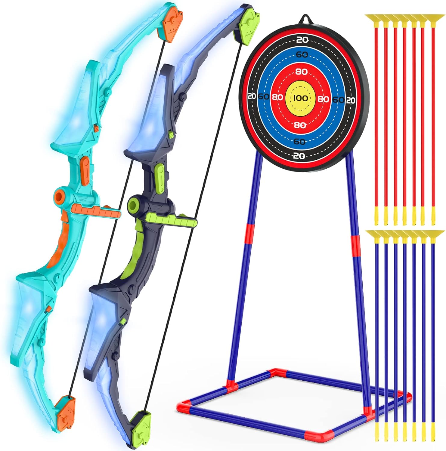 Archery Set for Children | 2 Bows with LED Lights | 14 Suction Cup Arrows | Glow-in-the-Dark Target | Suitable for Ages 4 to 12