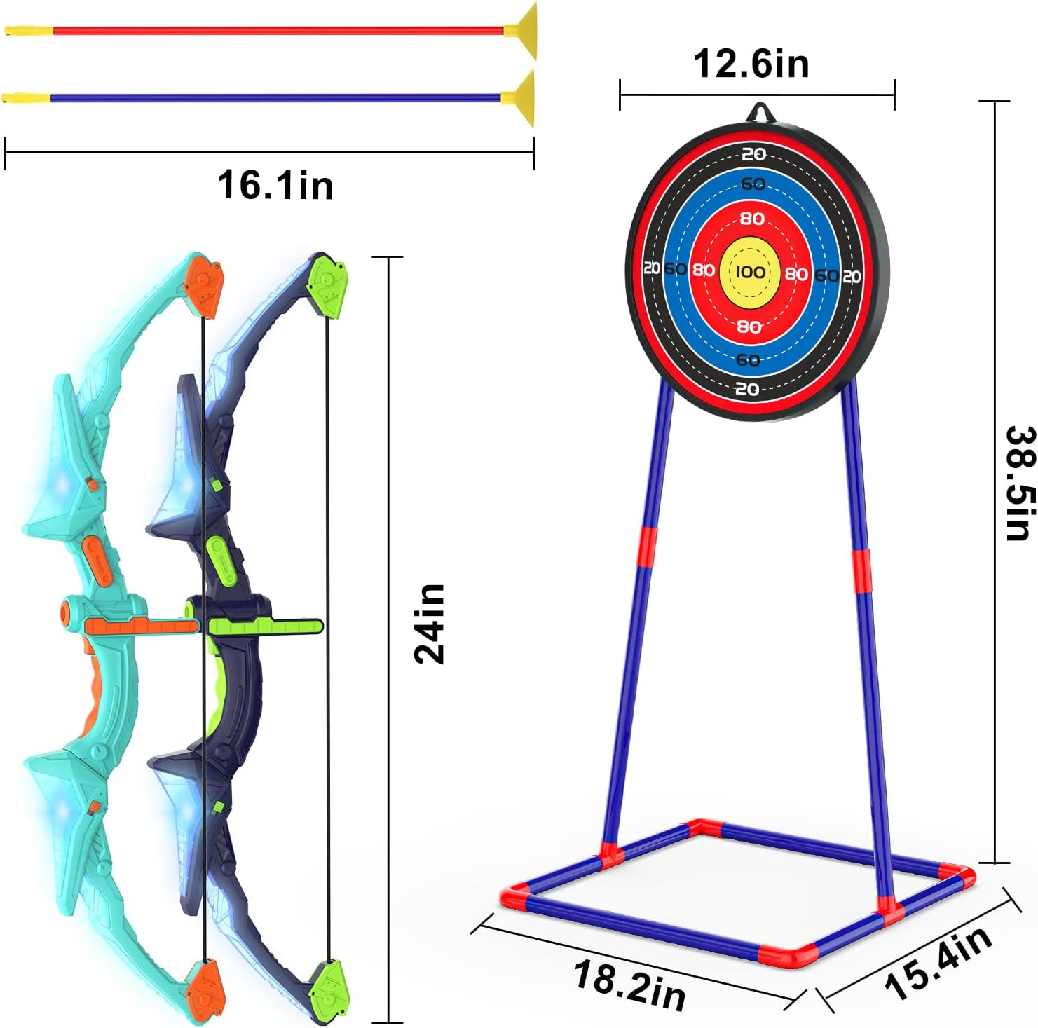 Archery Set for Children | 2 Bows with LED Lights | 14 Suction Cup Arrows | Glow-in-the-Dark Target | Suitable for Ages 4 to 12
