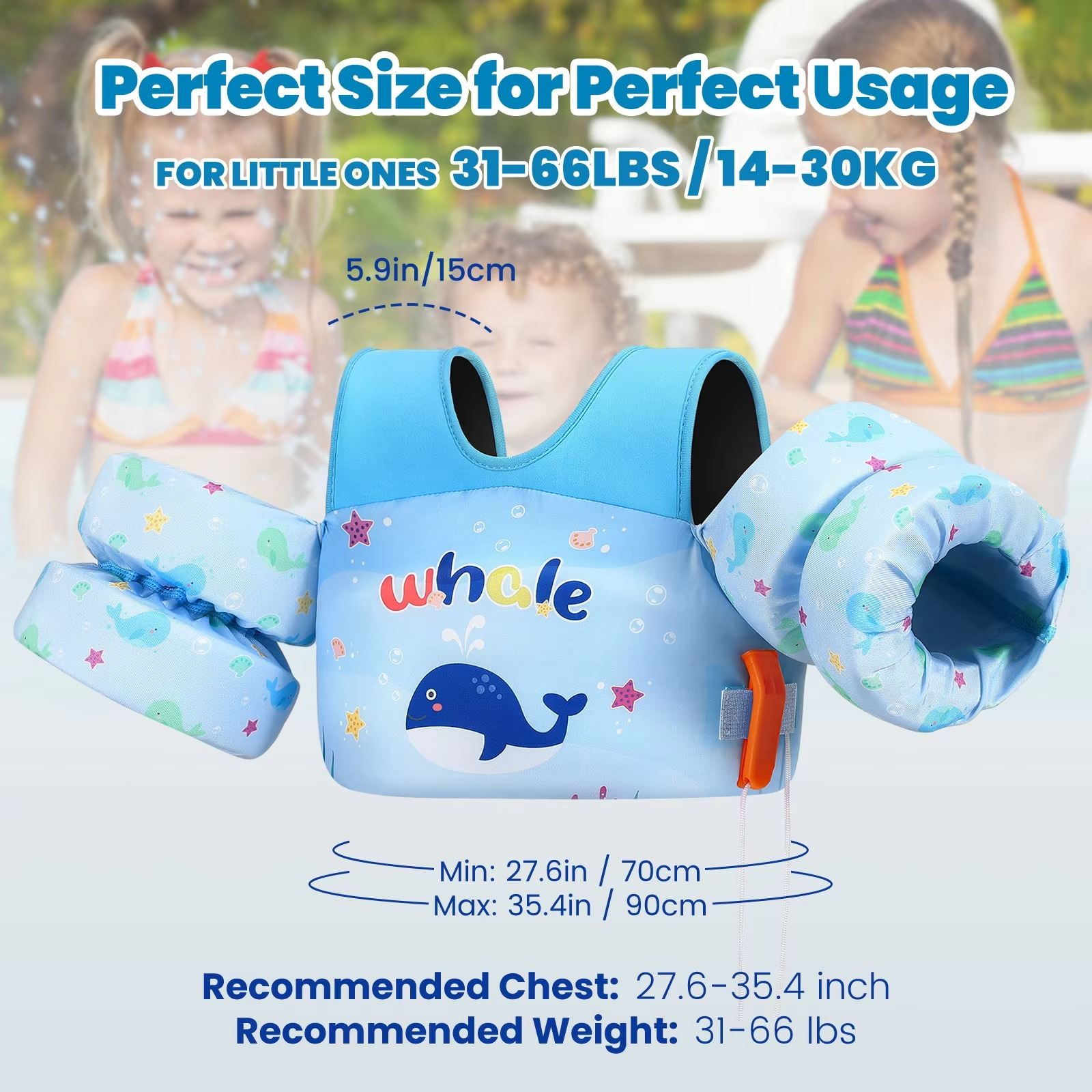 Children's Foam Life Jacket with Arm Floats and Safety Whistle for Swimming and Kayaking