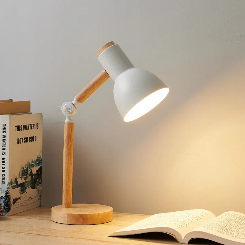 Adjustable Arm Table Lamp with Wooden Base in Scandinavian Design
