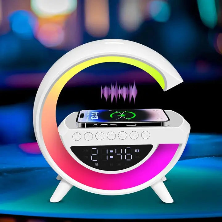 Stylish Alarm Clock Lamp with Bluetooth Speaker & Wireless Charging