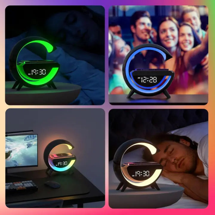 Stylish Alarm Clock Lamp with Bluetooth Speaker & Wireless Charging