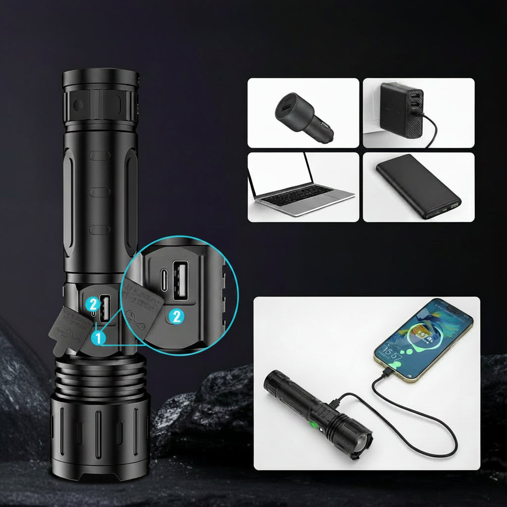High-Power Waterproof Tactical LED Flashlight with Rechargeable Battery