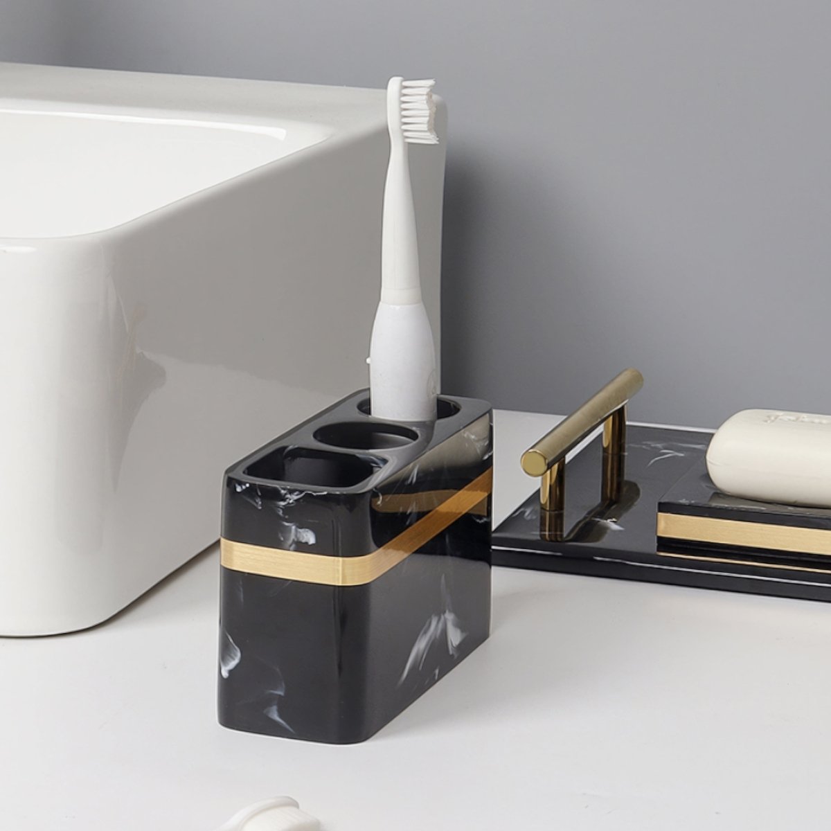 Sophisticated Black Marble Serving Tray with Elegant Gold Trim