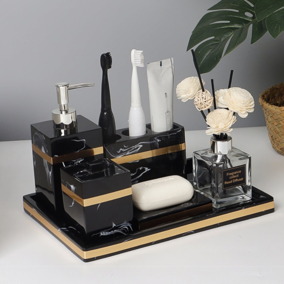 Sophisticated Black Marble Serving Tray with Elegant Gold Trim