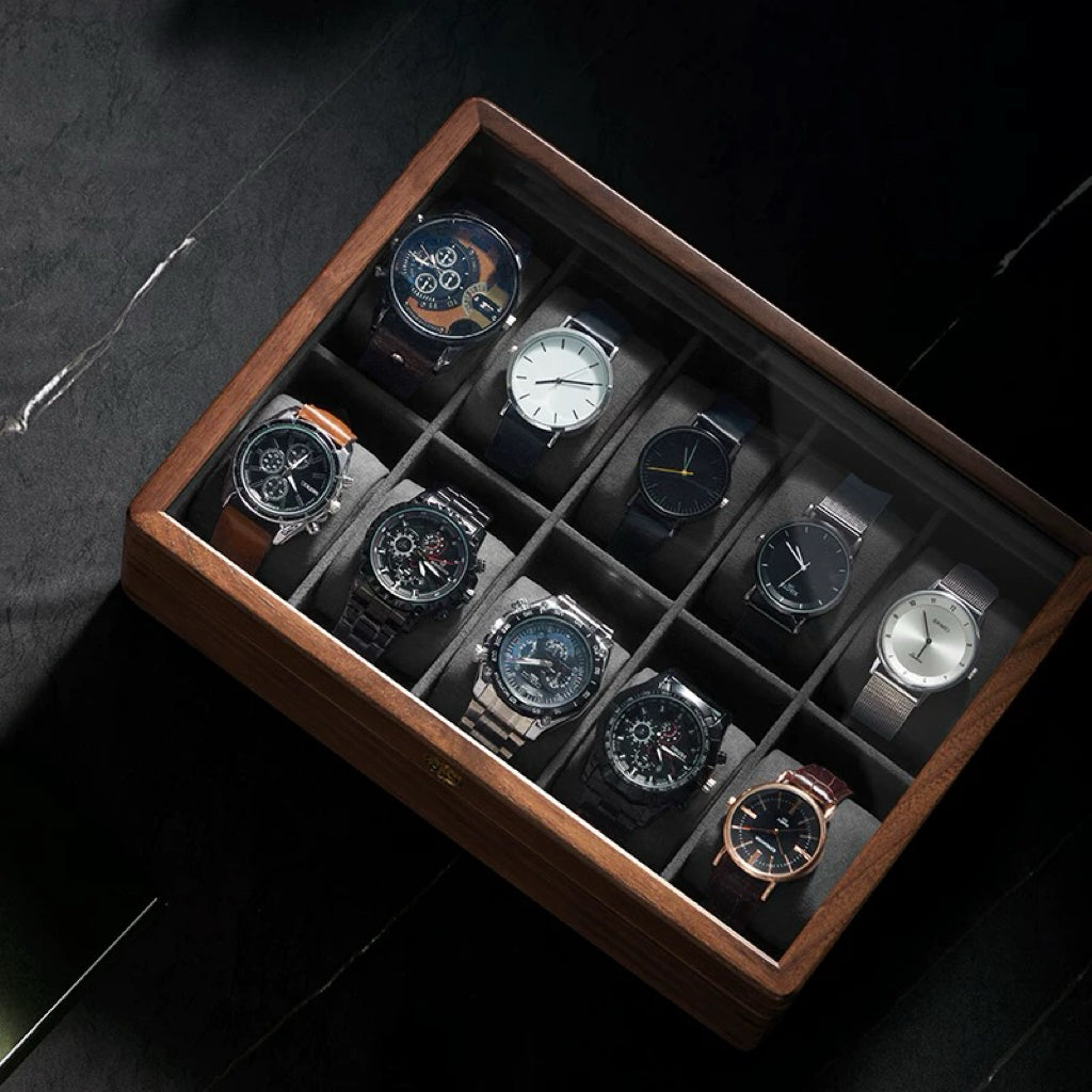 Walnut Watch Storage Case with Glass Lid | Soft Cushions | 3, 5 & 10 Slots
