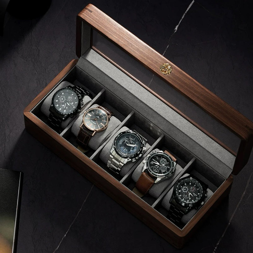 Walnut Watch Storage Case with Glass Lid | Soft Cushions | 3, 5 & 10 Slots