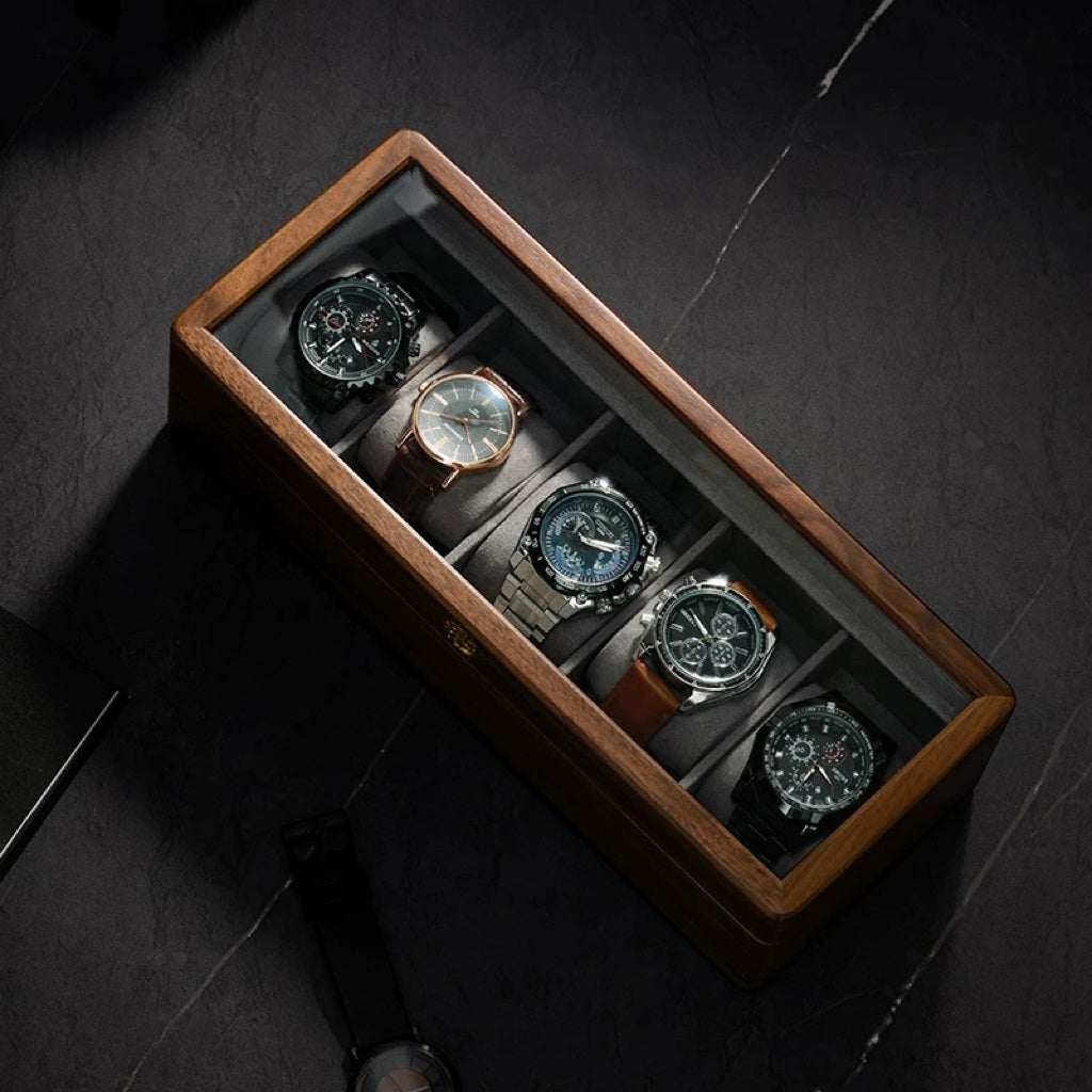 Walnut Watch Storage Case with Glass Lid | Soft Cushions | 3, 5 & 10 Slots