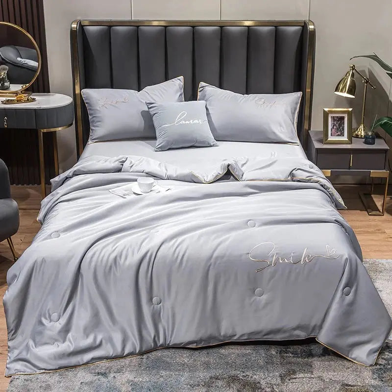 Summer Quilt Set - 100% Washed Silk with Elegant Embroidery - Lightweight Cooling for Warm Nights