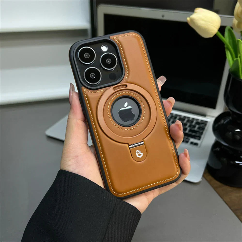 Leather MagSafe Case with Foldable Ring Stand – Elegant Design