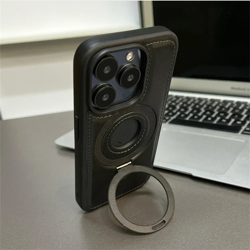 Leather MagSafe Case with Foldable Ring Stand – Elegant Design