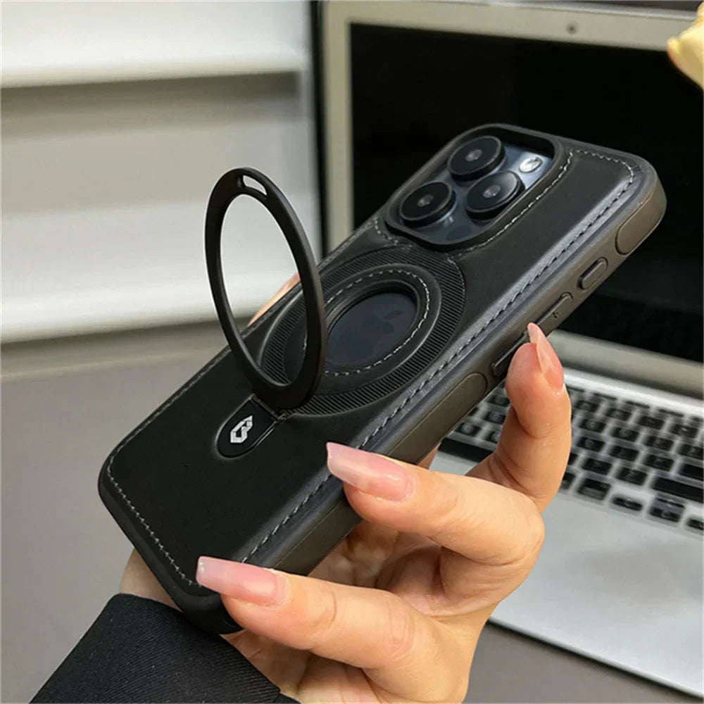 Leather MagSafe Case with Foldable Ring Stand – Elegant Design