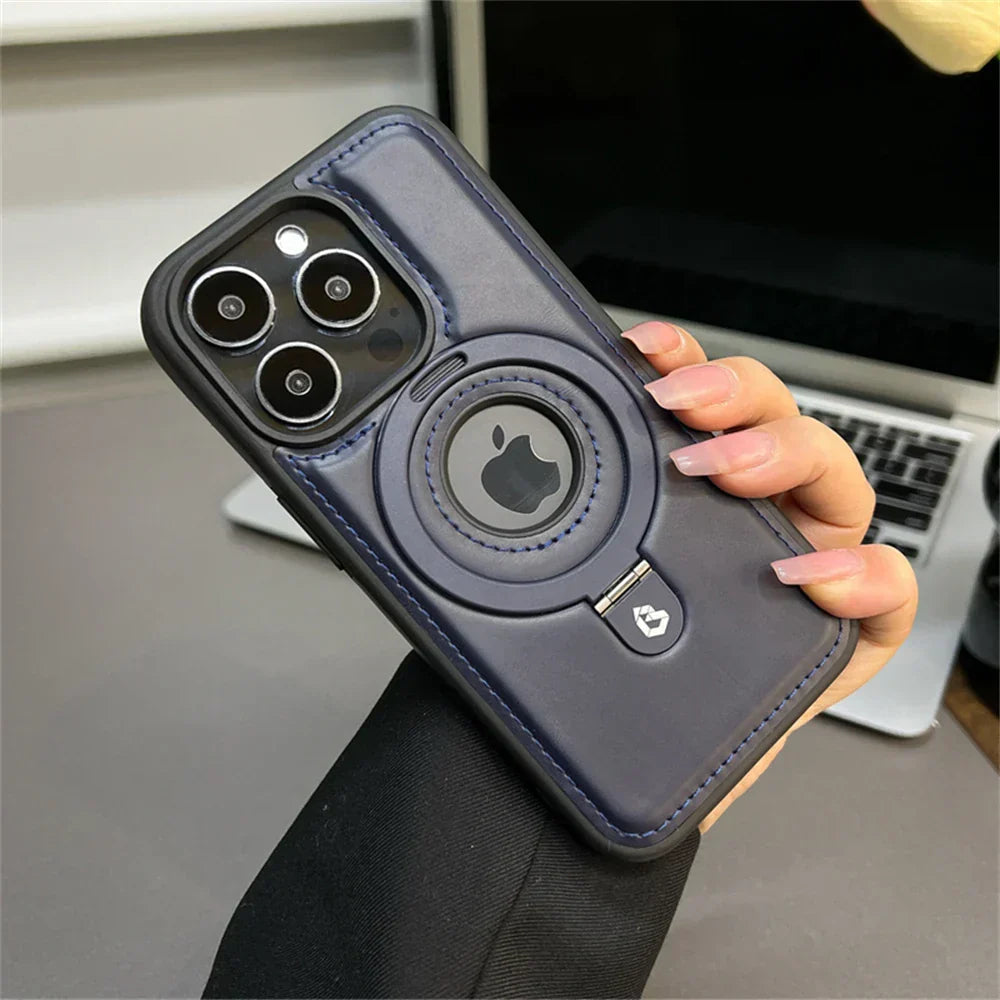 Leather MagSafe Case with Foldable Ring Stand – Elegant Design