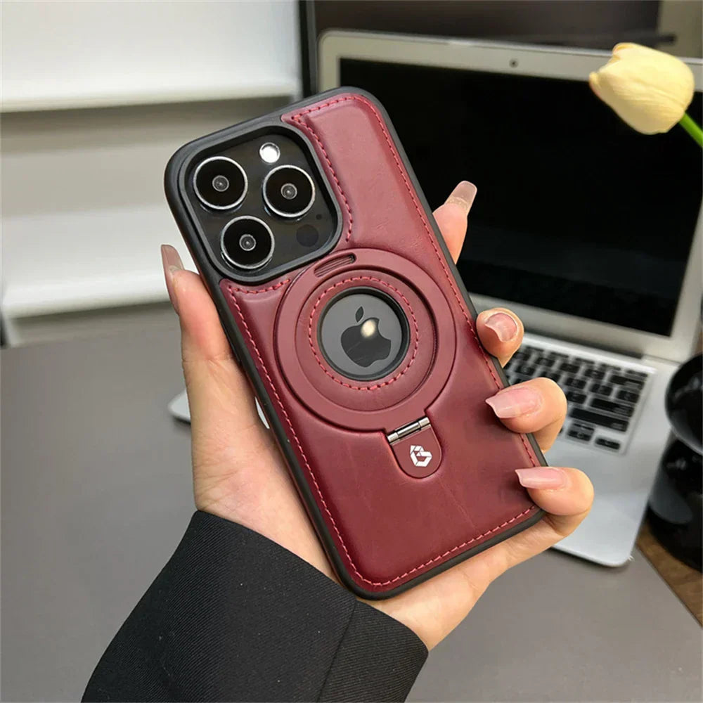 Leather MagSafe Case with Foldable Ring Stand – Elegant Design