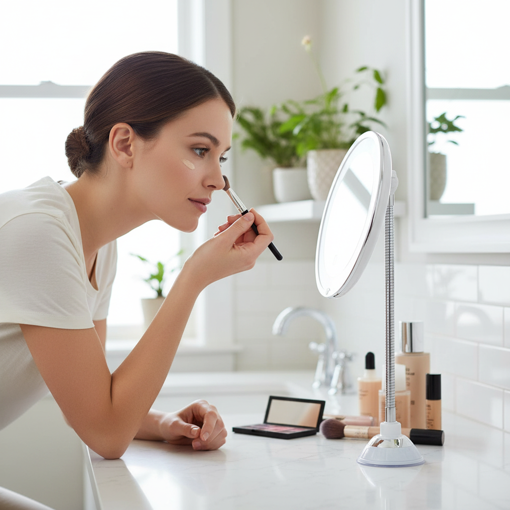 Illuminated Magnifier Mirror with Adjustable Arm for Grooming